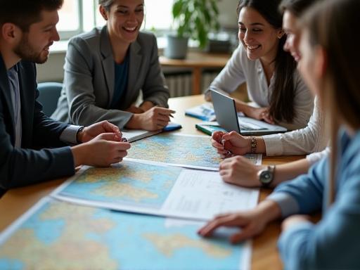 Voyages Échappées team members gathered around a table reviewing maps and planning road trip itineraries, highlighting collaboration and expertise.