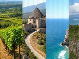 Collage of images representing themed road trips: a vineyard, a medieval castle, and a winding coastal road, representing curated themed packages.